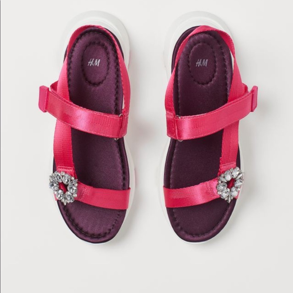 H&M Sandals Hot Pink Satin Strappy Rhinestone Trainer Shoes Sz 7 NWT Balletcore
